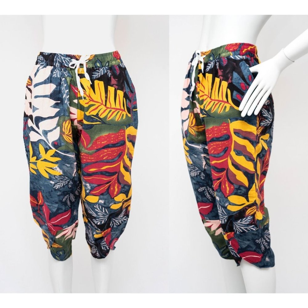 Women's Leaves Printed Capri Three Quarter Pants Linen Cotton Loungewear